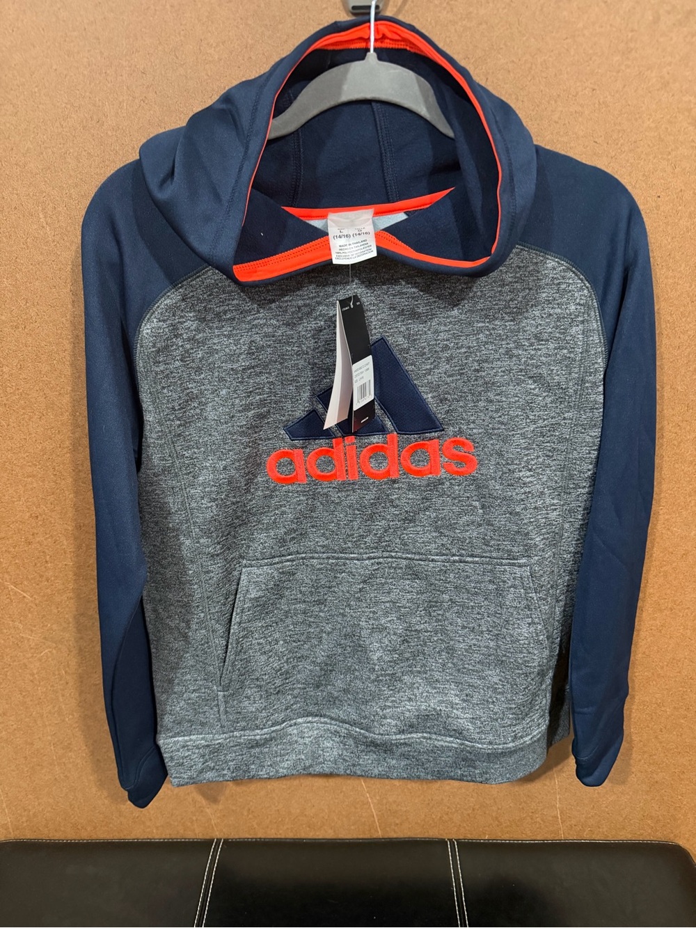Adidas Hooded L14/16 Pullover Sweatshirt in Grey & Navy with Orange Logo NWT